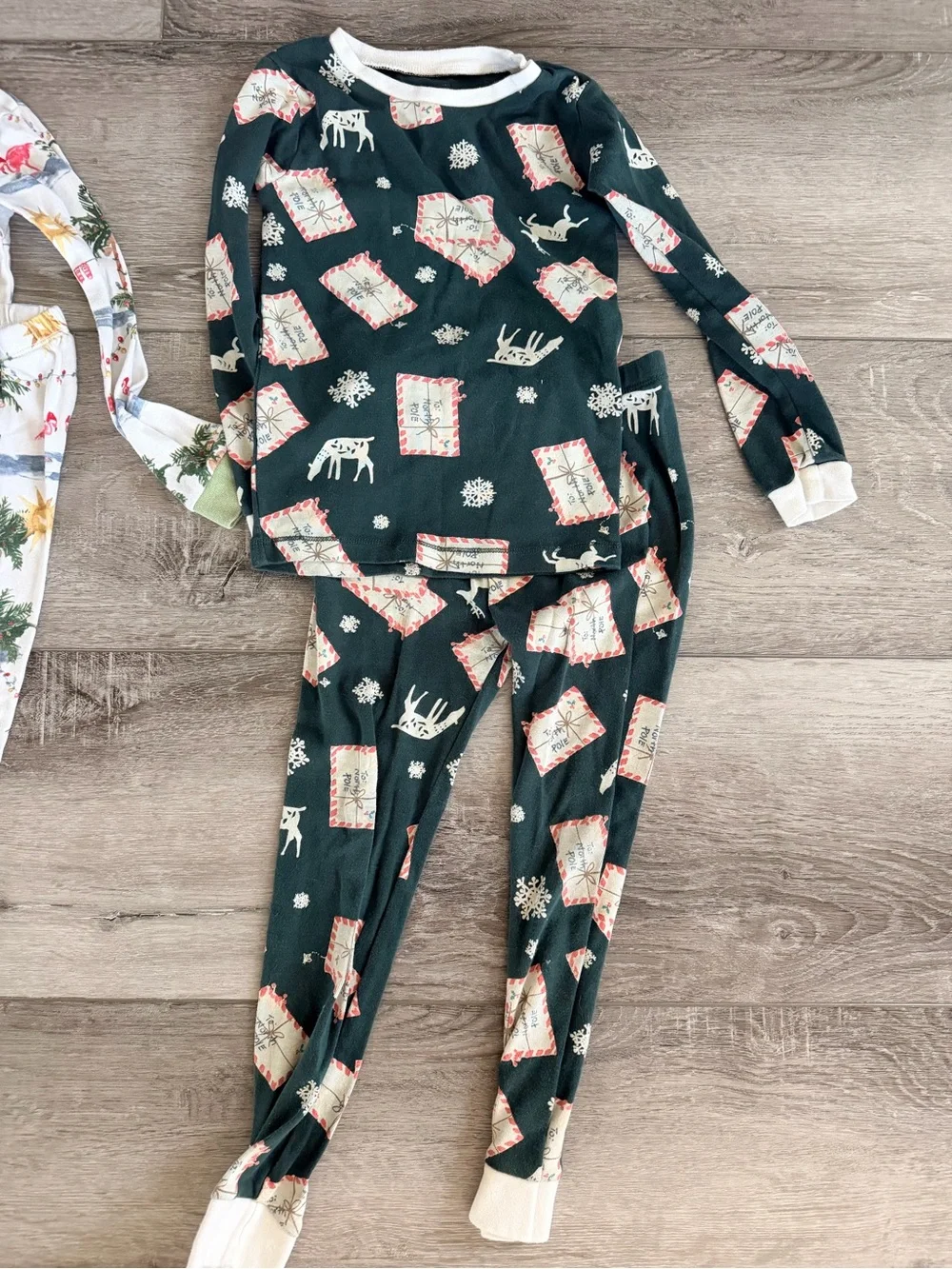 Burt's Bees Kids Pajama Set - White & Dark Green Tropical and Reindeer Prints